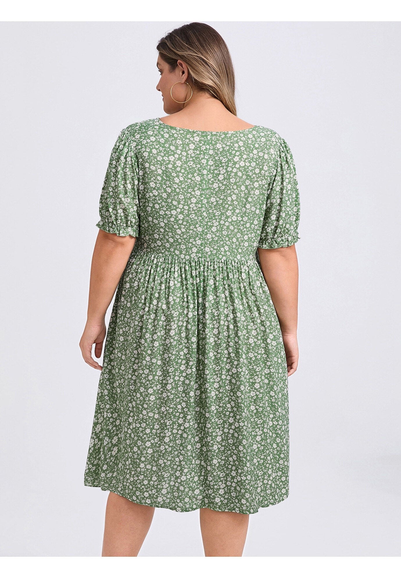 Floral Tie Neck Puff Sleeves Above Knee A-Line Dress with Pockets, Light Green / Light Green, alternate image number 2