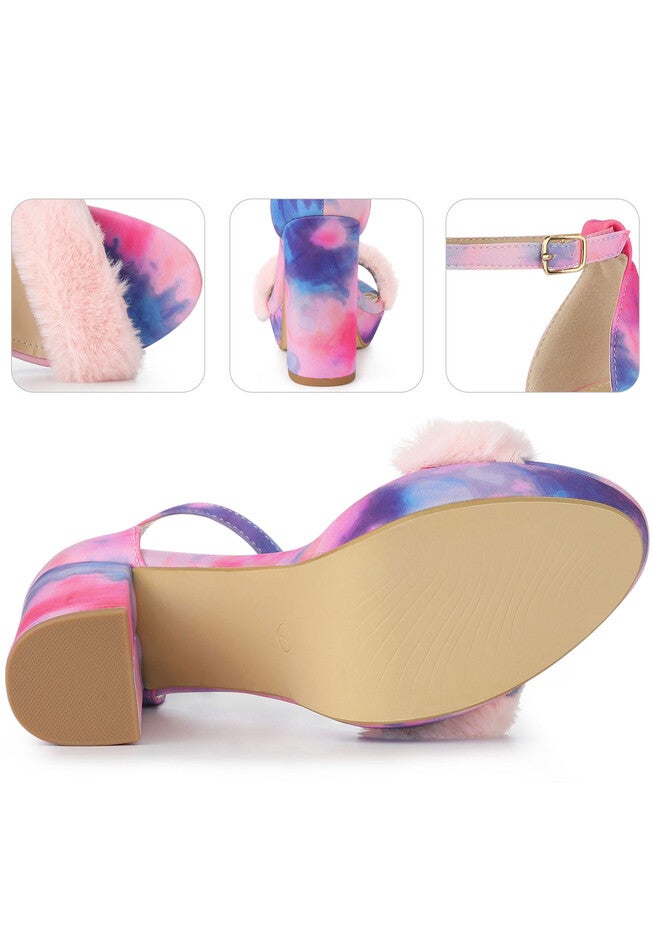 Tie Dye Faux Fur Chunky Heels Platform Sandals, Hot Pink / Pink, alternate image number null