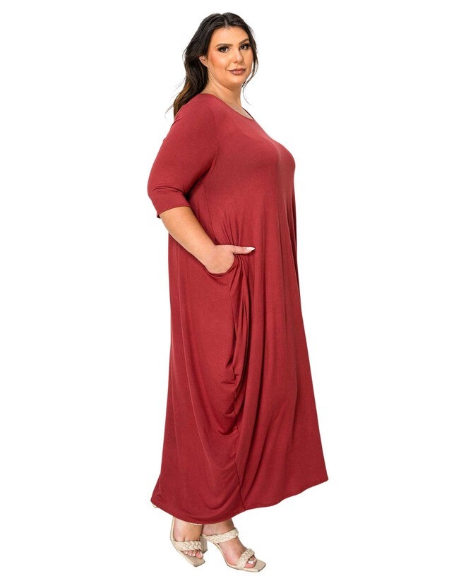 EVELYN BUBBLE HEM POCKET DRESS, Marsala / Burgundy, alternate image number 1
