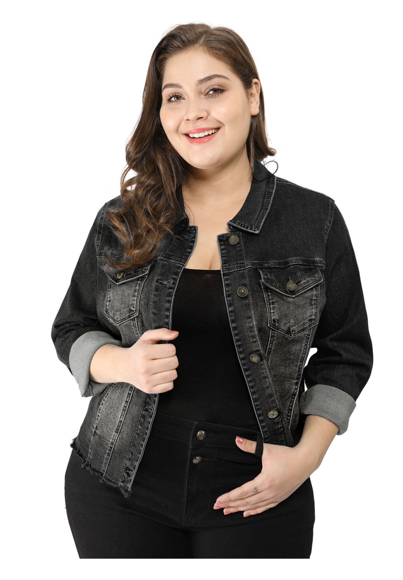 WASHED FRONT FRAYED DENIM JACKET, Black / Black, alternate image number 2