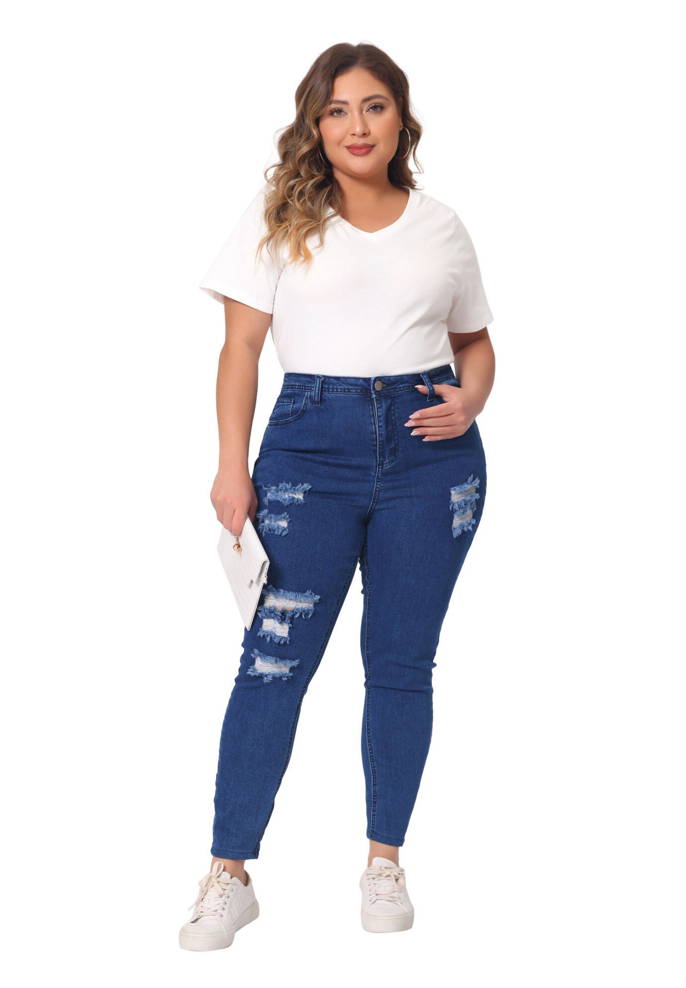 Short Sleeve V Neck Basic T-Shirt Top, White / White, hi-res image number 0