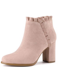 RUFFLE BLOCK HEEL ANKLE BOOTS