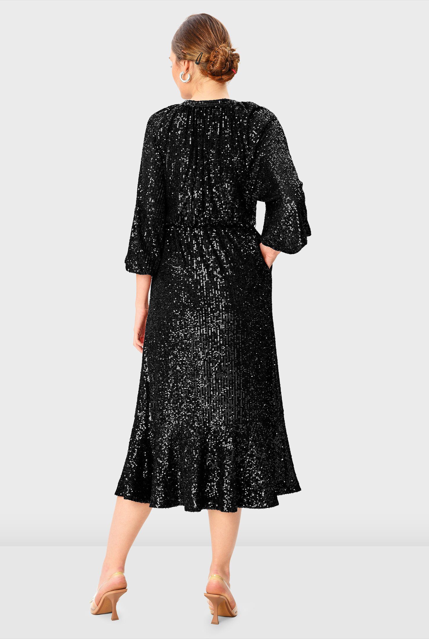 Sequin Mesh Ruffle Flounce Dress, Black / Black, alternate image number 3