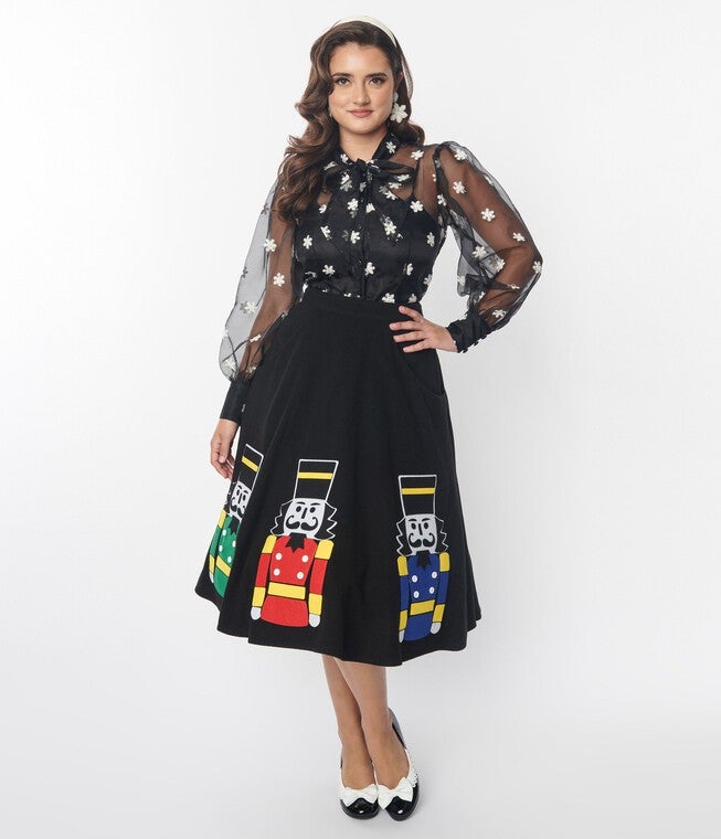 Unique Vintage Black Nutcracker Soda Shop Swing Skirt, Black Nutcracker / Black, hi-res image number null