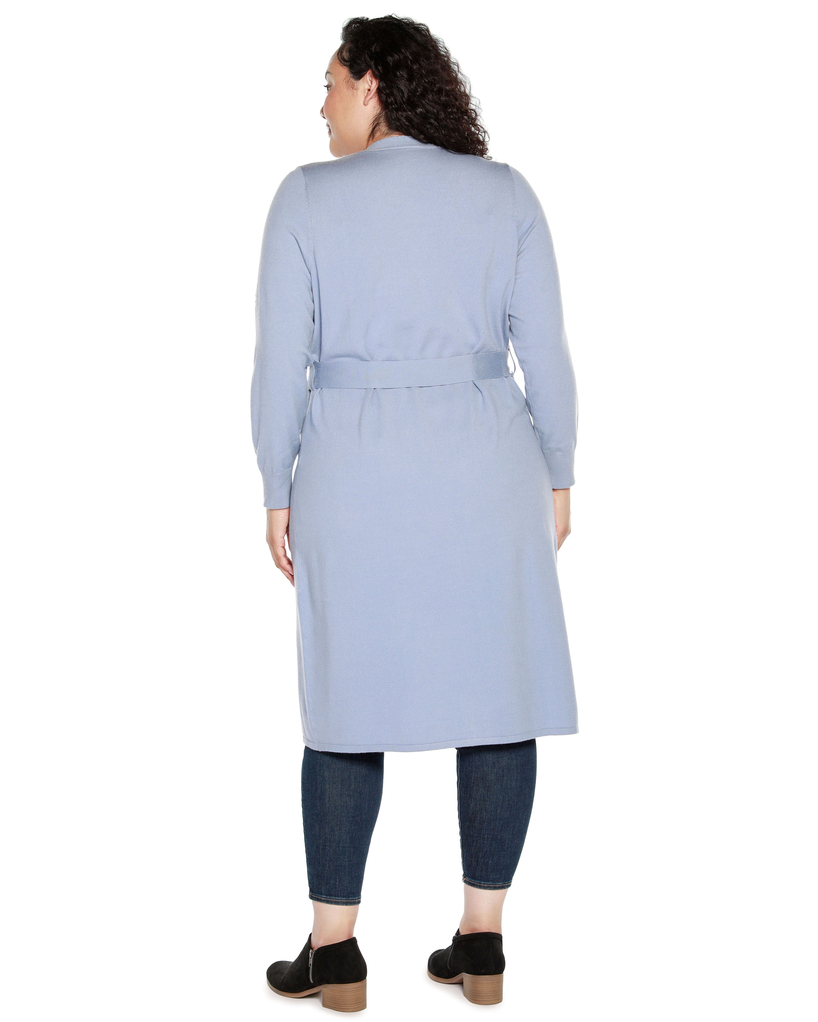 RHINESTONE-TRIM BELTED DUSTER CARDIGAN, Chambray / Dusty Blue, alternate image number 1