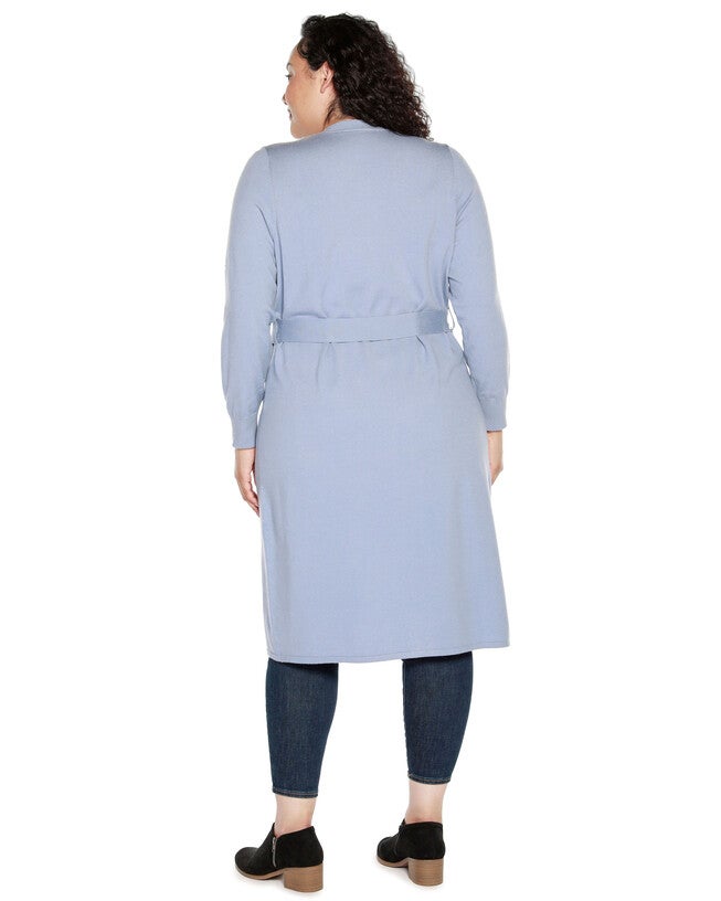 RHINESTONE-TRIM BELTED DUSTER CARDIGAN, Chambray / Dusty Blue, alternate image number 1