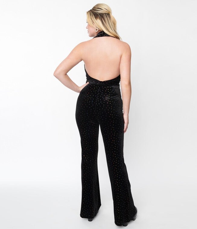 Smak Parlour Black Velvet & Rainbow Glitter Polka Dots Halter Jumpsuit, Black Rainbow Glitter Polka Dots / Black, alternate image number null