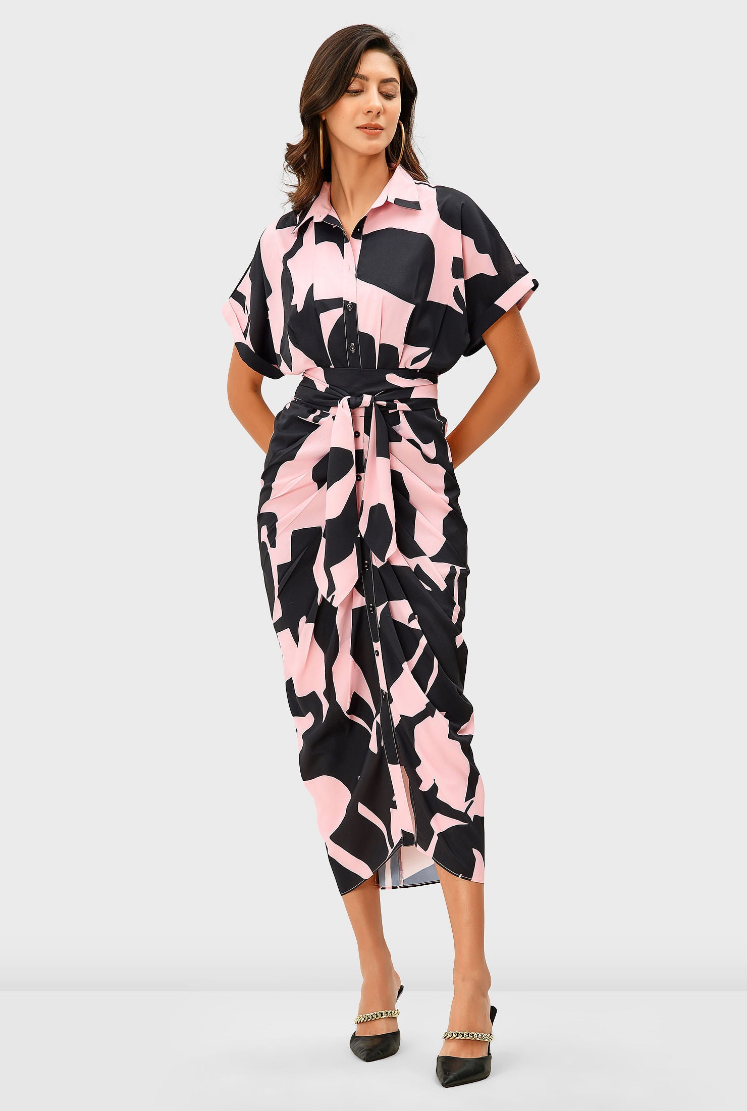 Abstract Print Crepe Pleated Sheath Shirtdress, Pink / Peach, hi-res image number 0