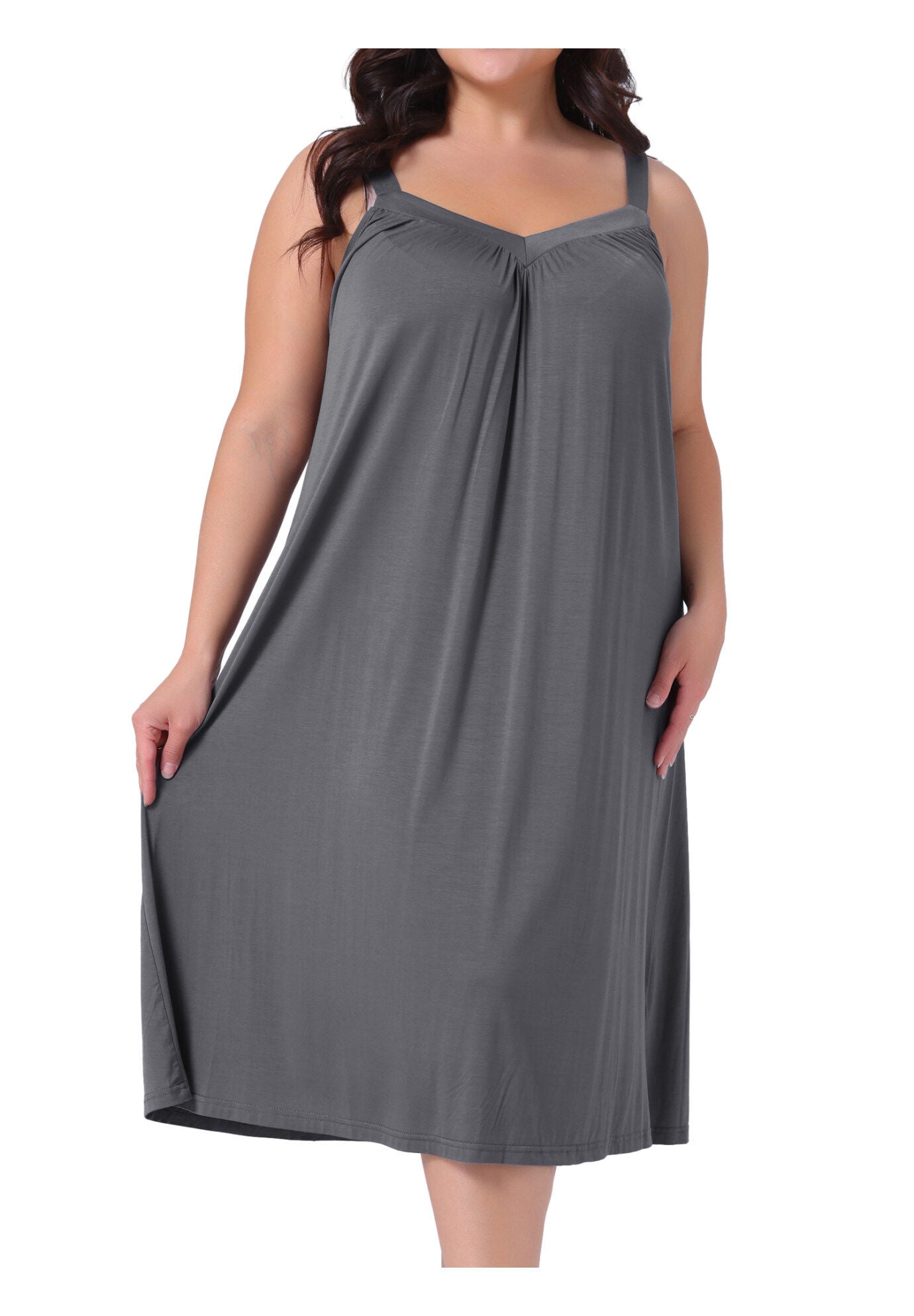 Spaghetti Strap V Neck Sleeveless Chemise Nightdress, Grey / Charcoal Grey, alternate image number 2