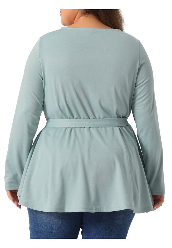 Crew Neck High Low Asymmetrical Irregular Hem Blouse T-Shirt with Belt, Gray Green / Mint, alternate image number null