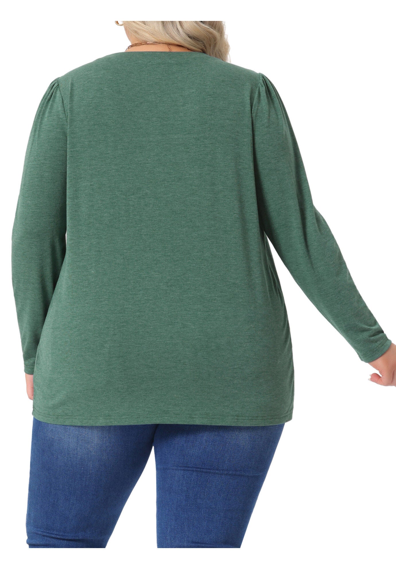 Pleated Crew Neck Blouses Casual Loose Top, Green / Hunter Green, alternate image number 3