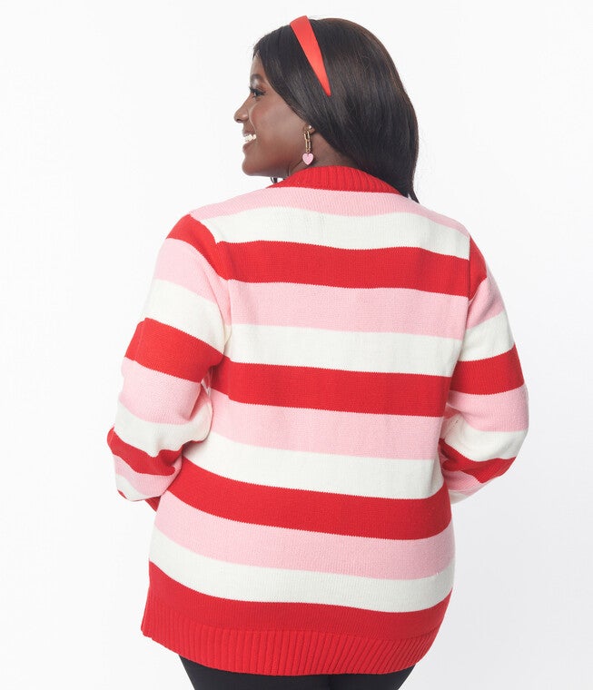 Unique Vintage Pink & Red Striped Crochet Hearts Cardigan, Pink Red Striped Crochet Hearts / Pink, alternate image number 1