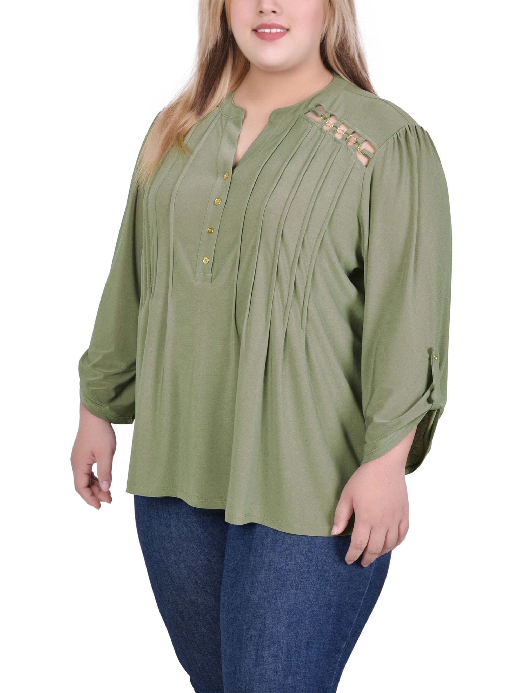 Long Sleeve Pintuck Front Top With Chain Details, Burnt Olive, alternate image number 1