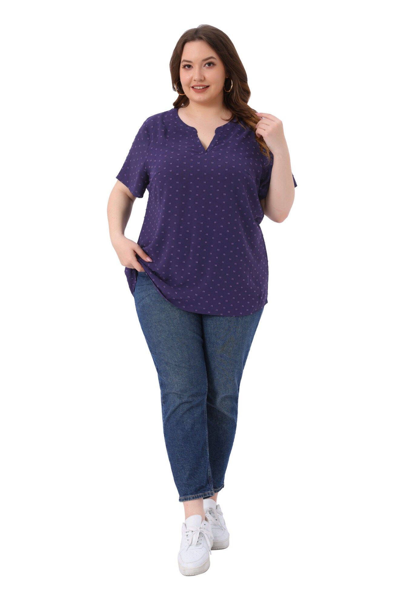 Swiss Dots Notched Neck Short Sleeve Basic Blouse, Dark Blue Purple / Purple, hi-res image number 0