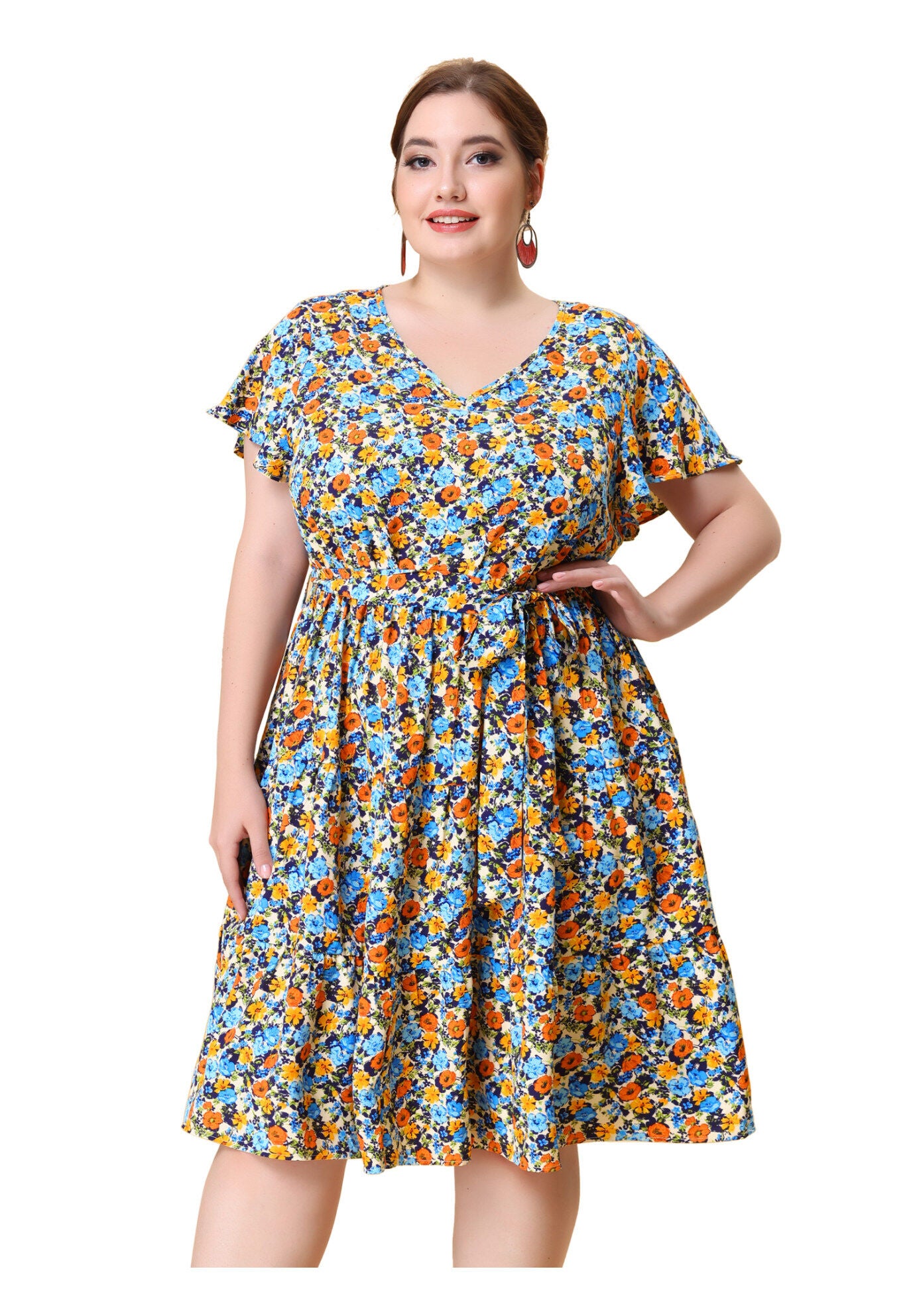 Floral Printed V Neck Summer Midi Flared Dress, Vintage Beige / Beige, hi-res image number 0