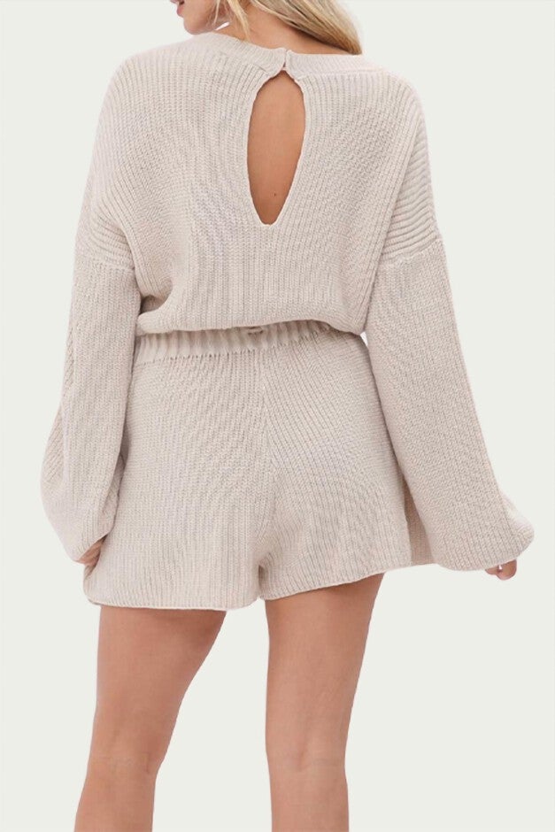 DRAWSTRING-WAIST RIBBED-KNIT ROMPER IN BEIGE, Beige / Beige, alternate image number null