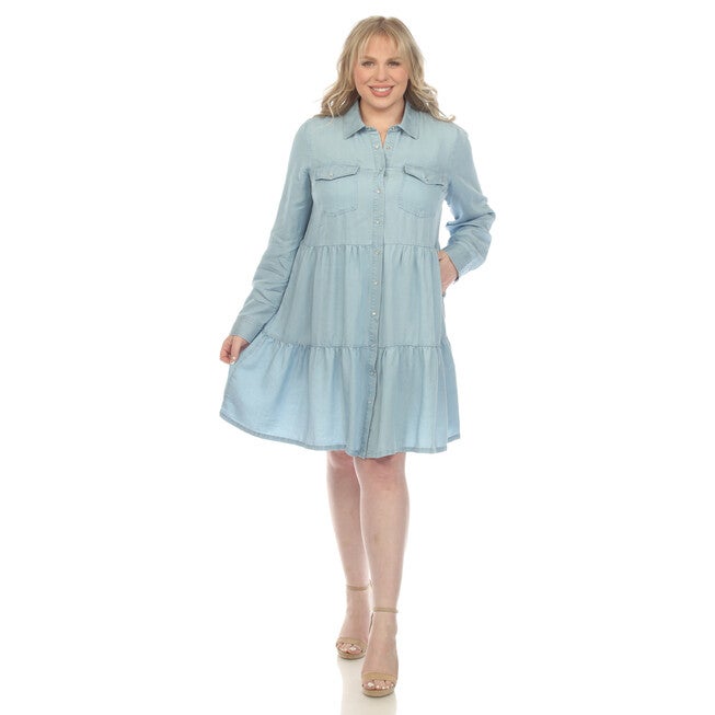 Long Sleeve Tiered Midi Shirt Dress, , alternate image number null