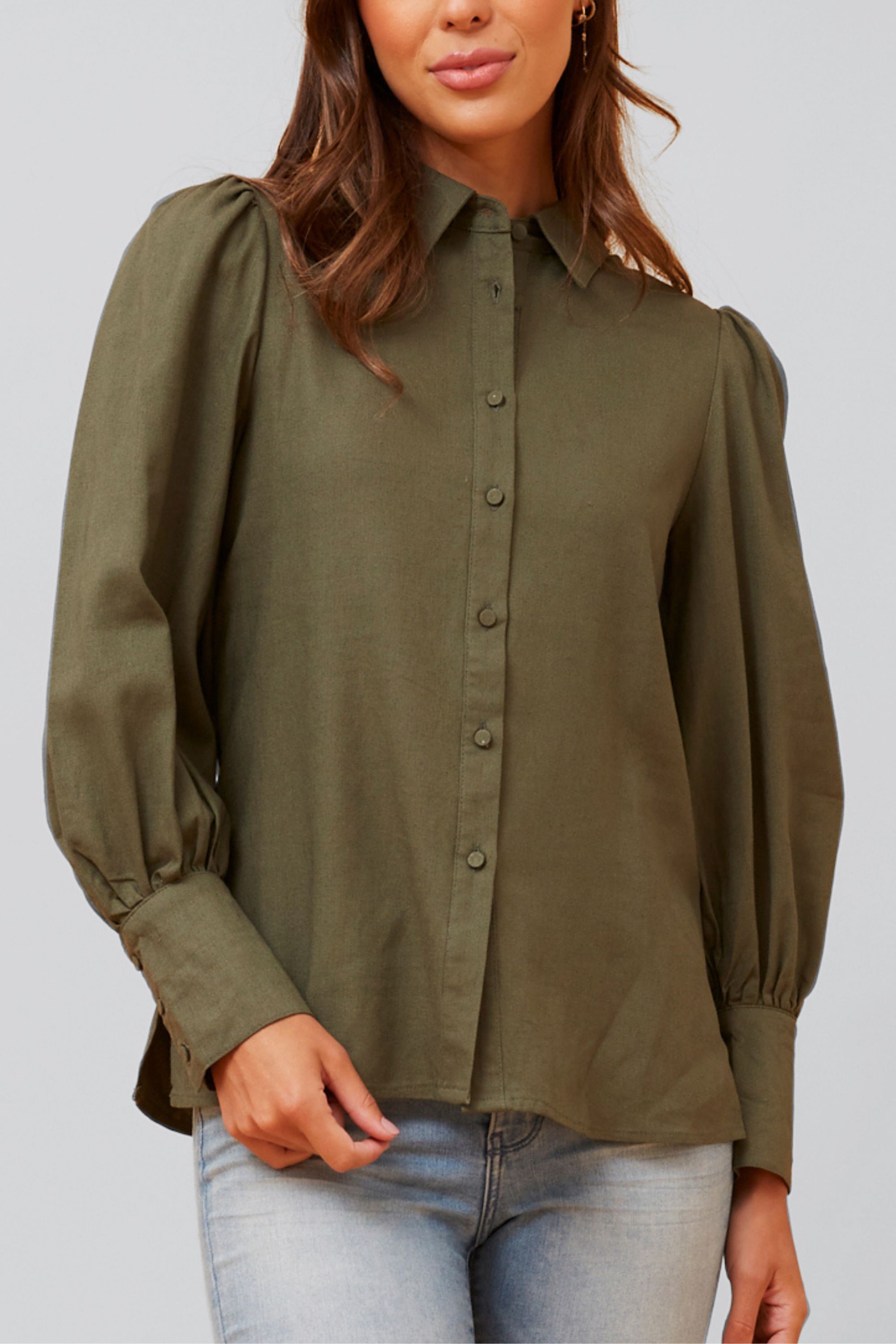 Maxine Shirt Fitted Long Puffy Sleeves Solid, Green / Olive Green, hi-res image number 0