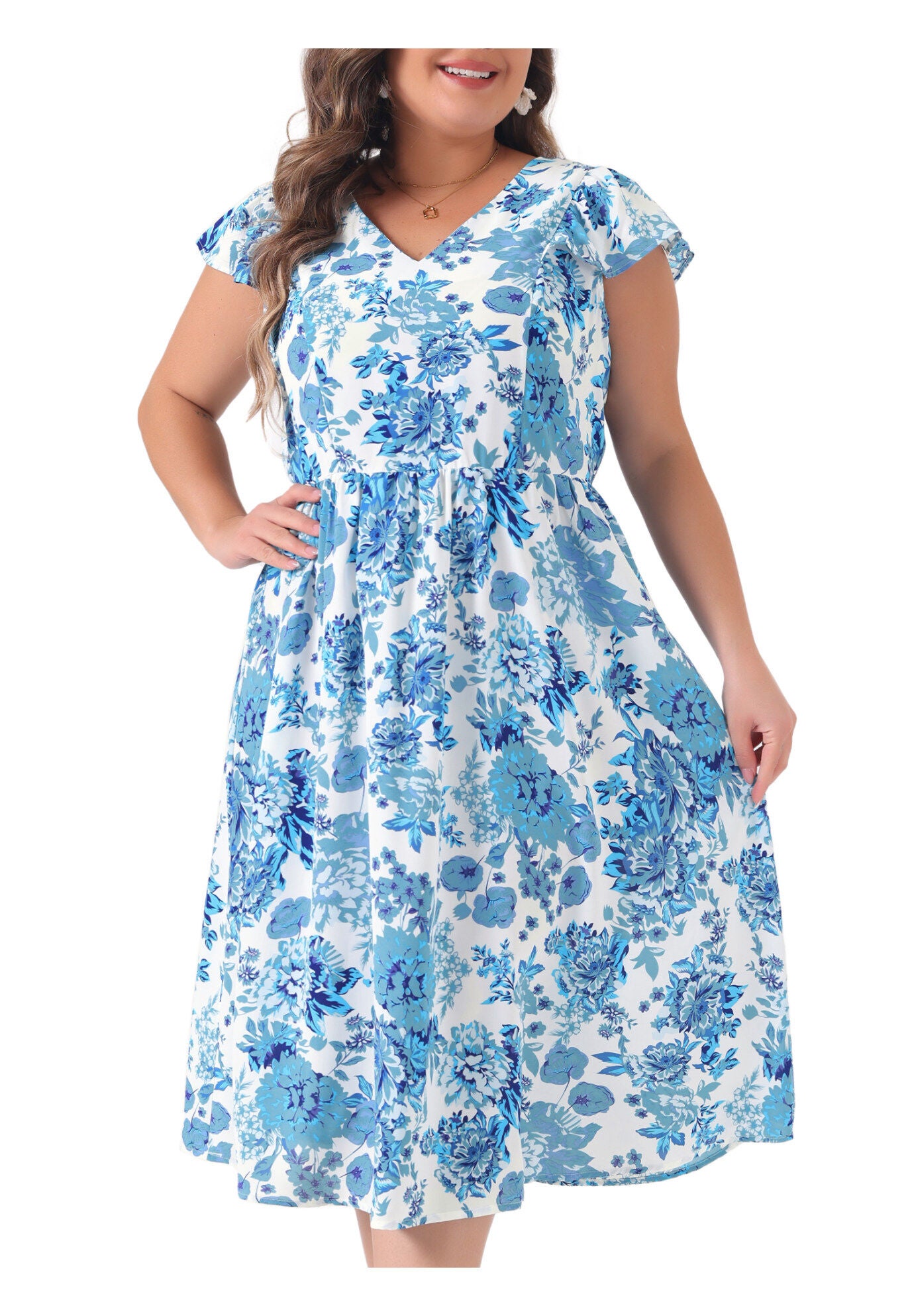 Floral Ruffle Short Sleeves Tie Back V Neck Summer Dress, Blue / Light Blue, alternate image number 2