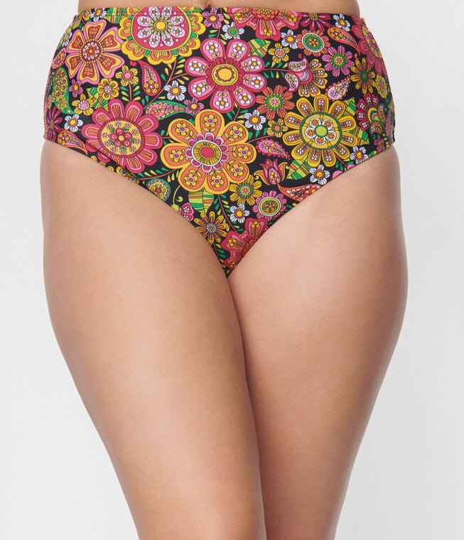 Unique Vintage Kaleidoscope Floral Daphne Swim Bottoms, Black Kaleidoscope Floral / Black, alternate image number 2