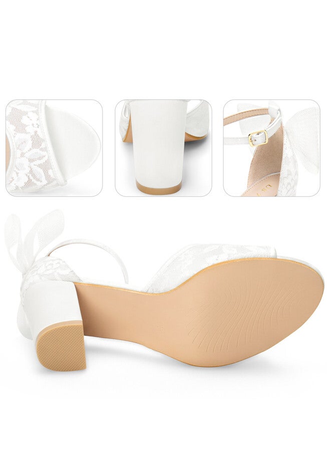 Lace Open Toe Bow Ankle Strap Block Heel Sandals, White / White, alternate image number 2