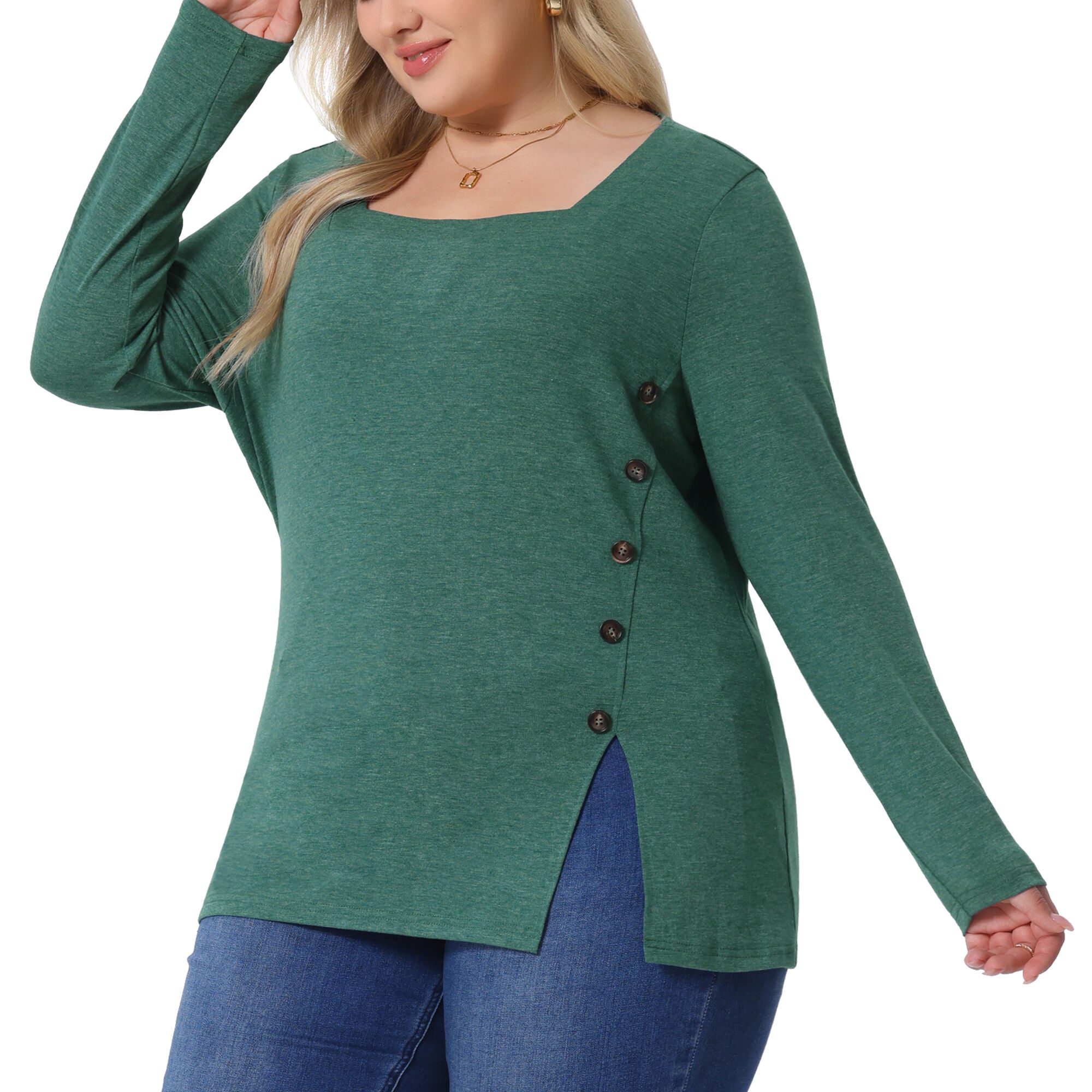 Side Button Square Neck Long Sleeve Tunic Blouse, Green / Hunter Green, alternate image number 1