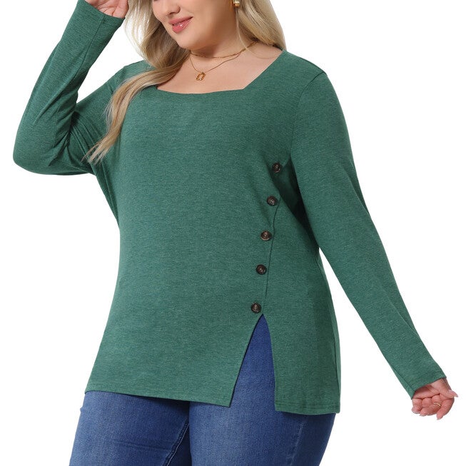Side Button Square Neck Long Sleeve Tunic Blouse, Green / Hunter Green, alternate image number 1