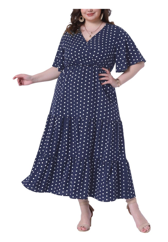Wrap V Neck Polka Dots A-Line Tiered Summer Maxi Dress, Navy Blue / Navy, alternate image number 1