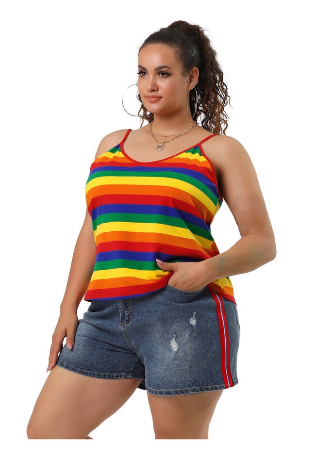Stripe Cami Sleeveless Stretch Camisole Summer Top, Rainbow / Deep Fuchsia, alternate image number null