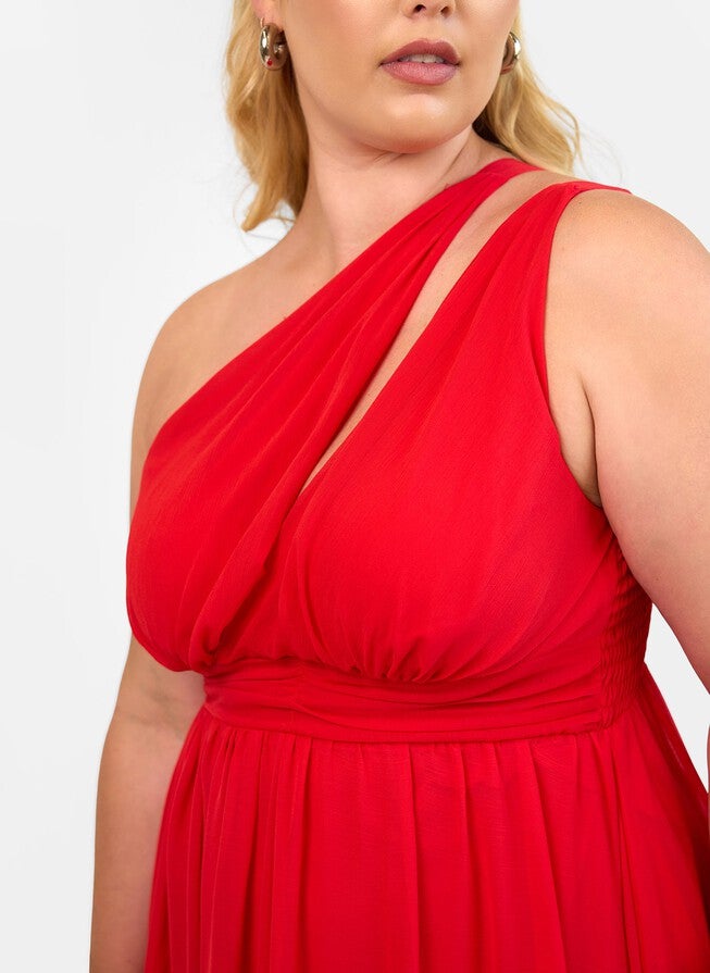GEORGIA CHIFFON ONE SHOULDER MAXI A LINE DRESS - RED | Dia & Co GEORGIA CHIFFON ONE SHOULDER MAXI A LINE DRESS - RED | Dia & Co