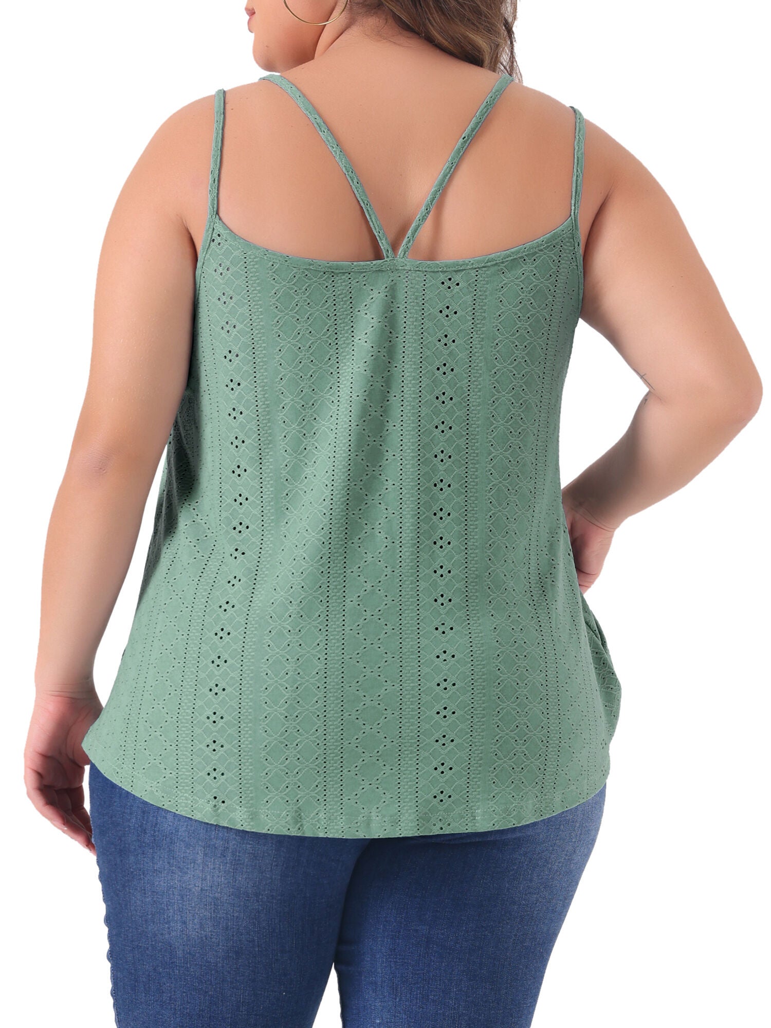 Eyelet Embroidery Sleeveless Spaghetti Strap Loose Fit Cami Tank Top, Gray Green / Light Green, alternate image number 3