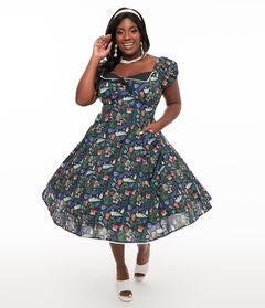 1950s Black Spellbinding Print Swing Dress