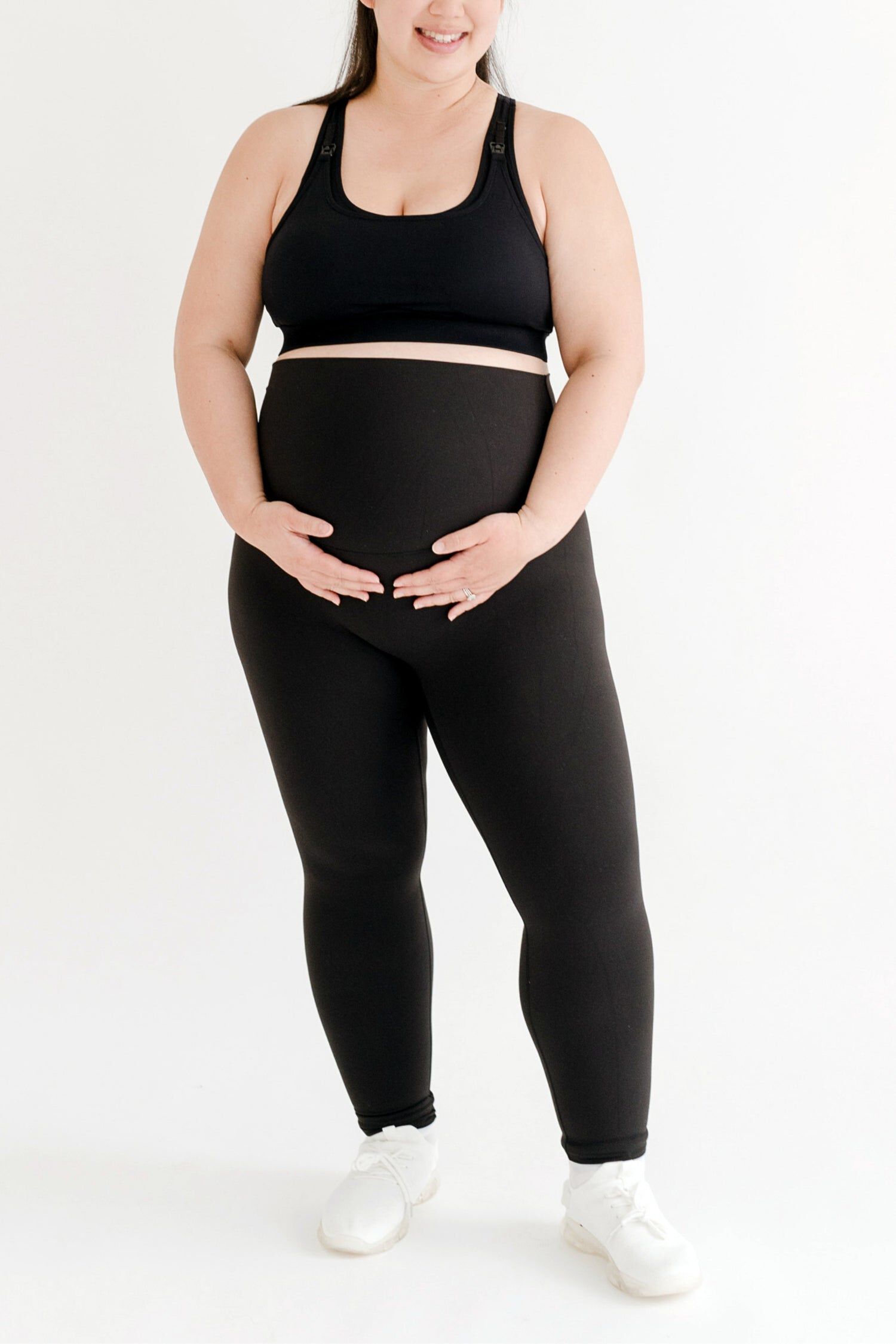 Women's Athletic Maternity Legging with Supportive Belly Band, Black / Black, hi-res image number 0