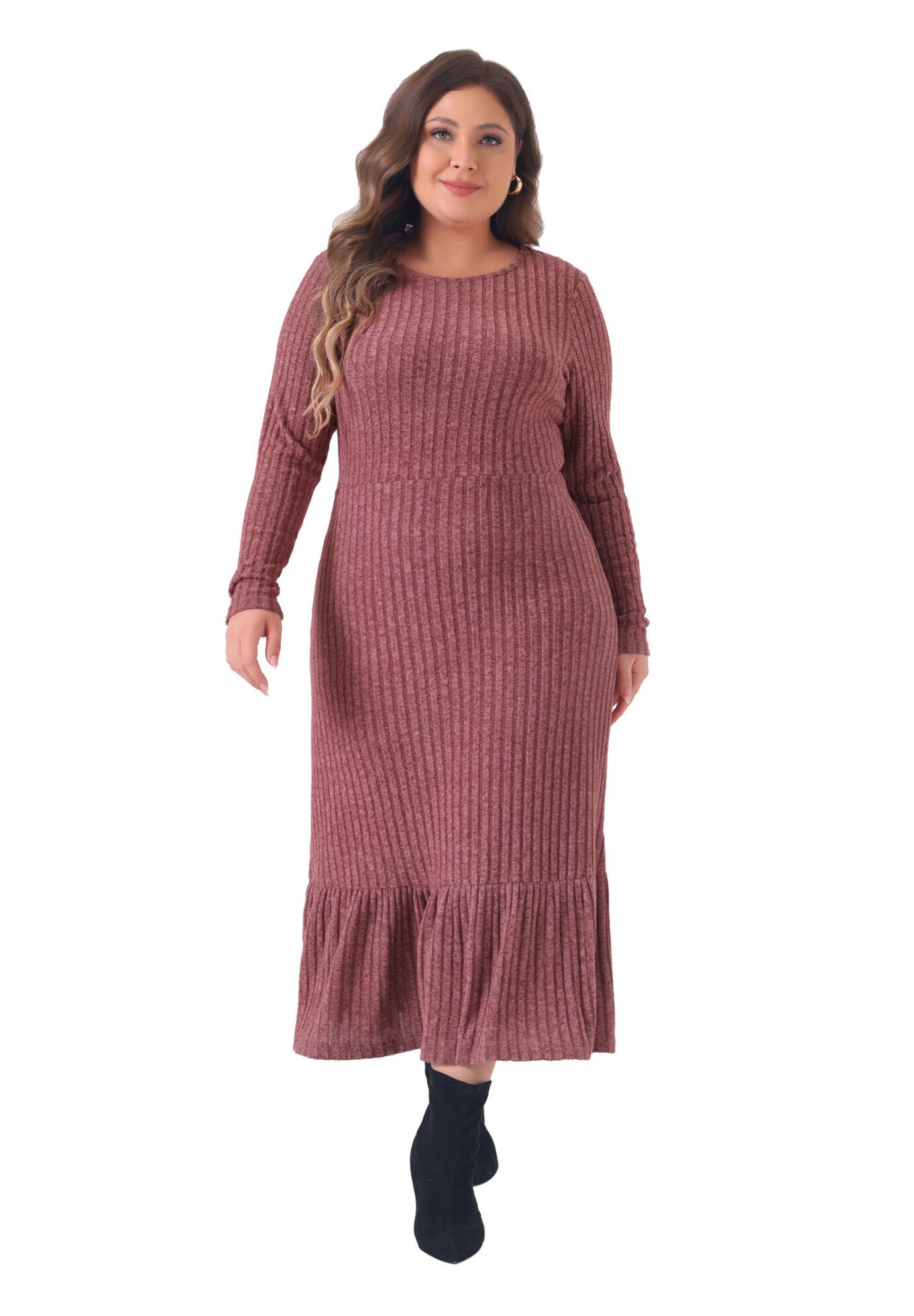 Ribbed Knit Long Sleeve Crew Neck Ruffled Hem Midi Dress, Purple Red / Purple, hi-res image number 0