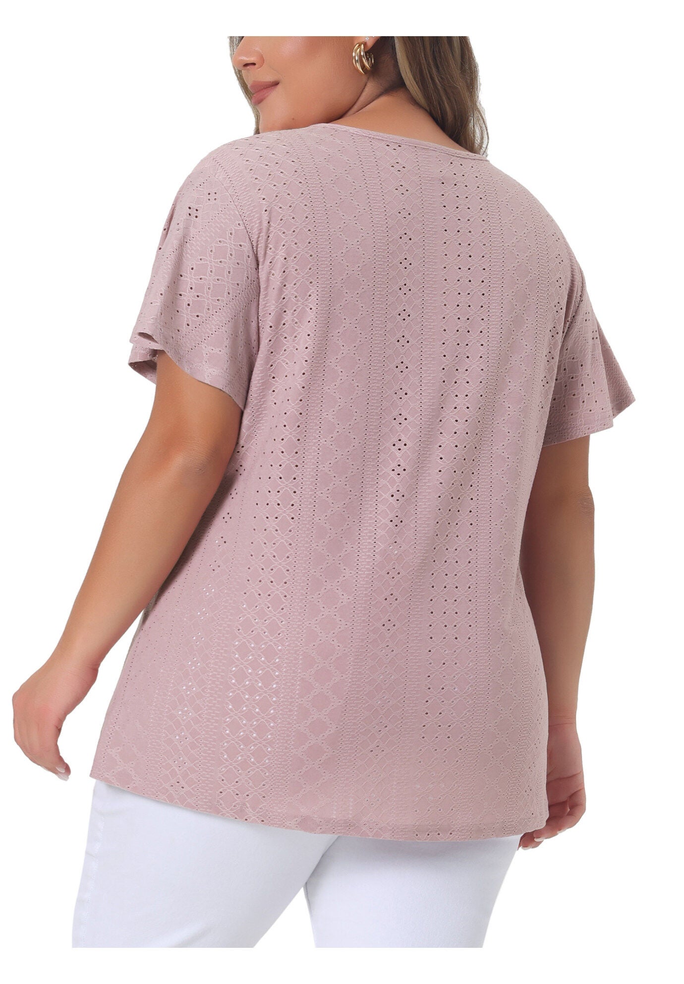 Summer Tee V Neck Hollow Flare Short Sleeve Casual Top Tunic, Pink / Pink, alternate image number 3