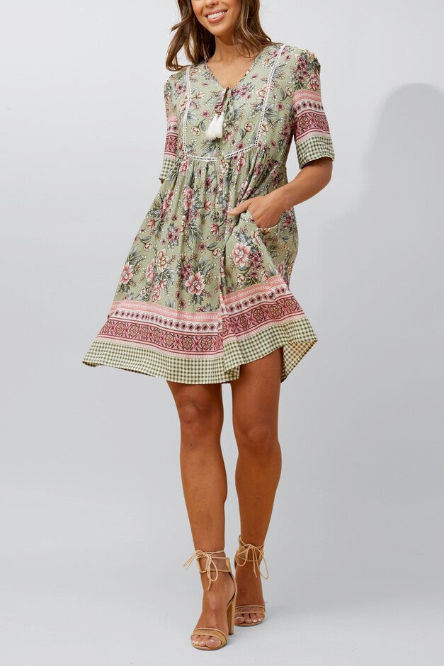 Gloria Short Dress A-Line Floral Print Green, Green / Sage Green, alternate image number 4