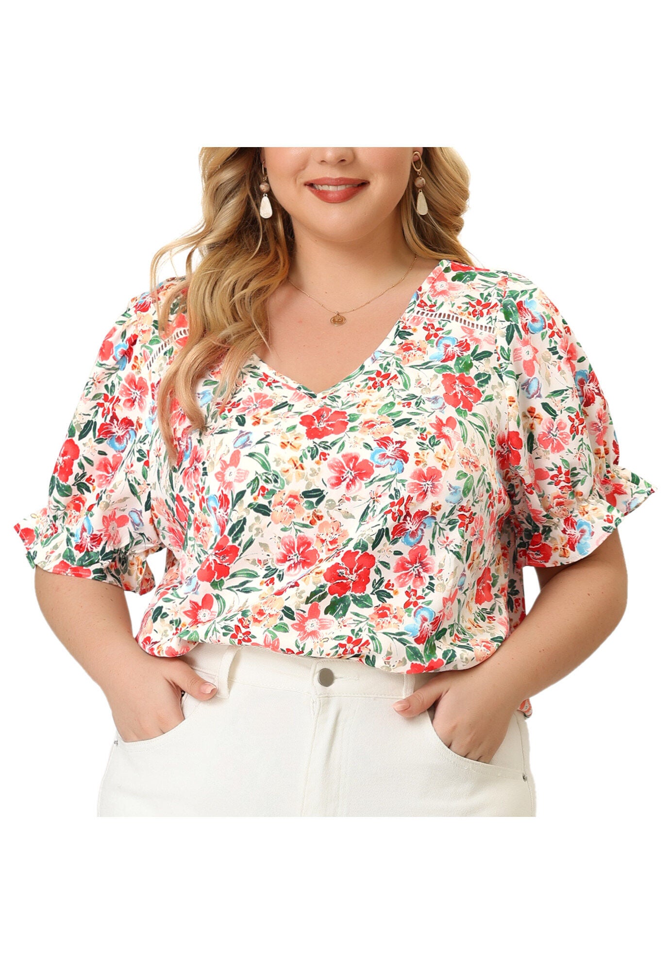 V Neck Ruffle Short Sleeve Chic Summer Blouses, White / White, alternate image number 2