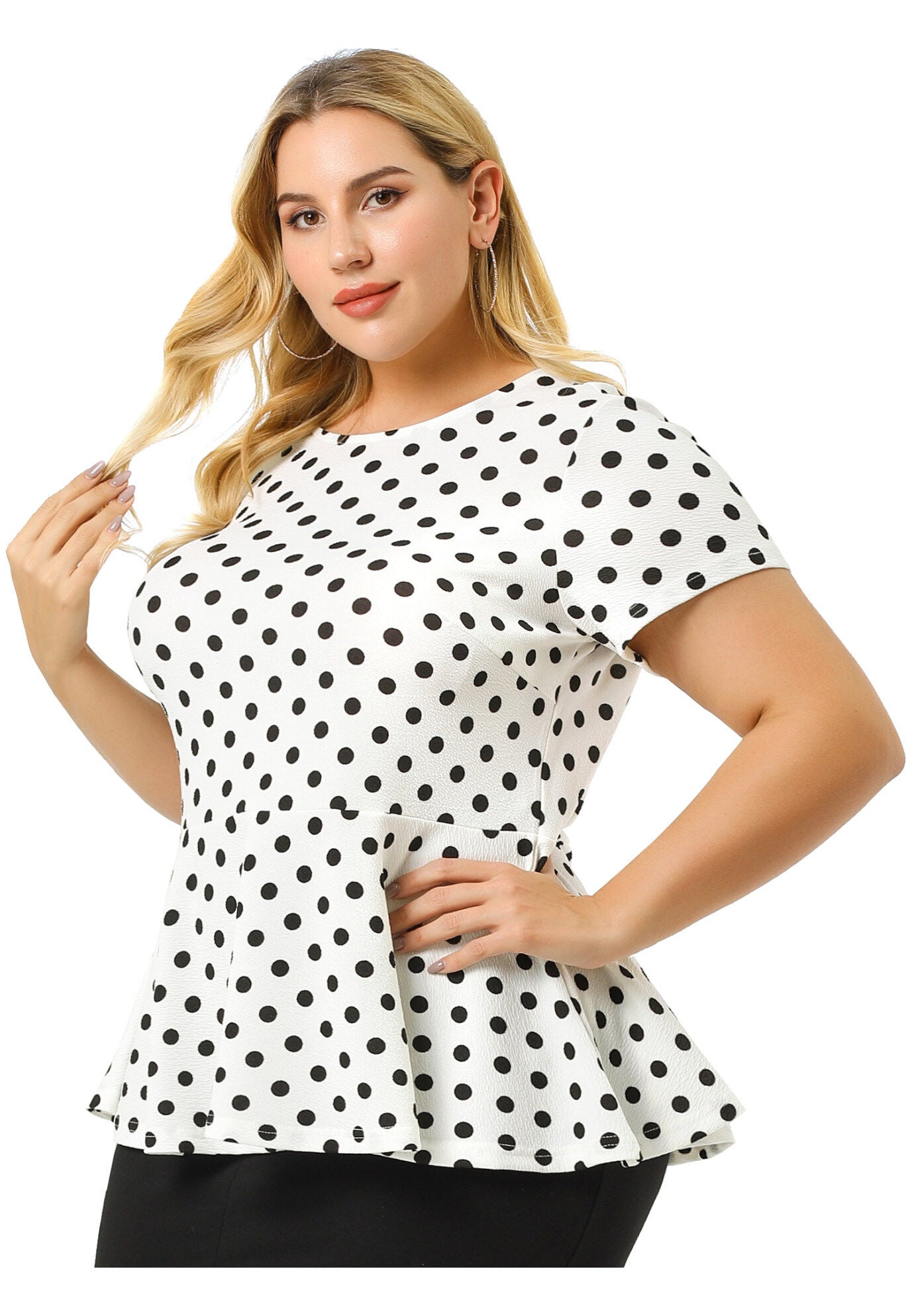 Casual Short Sleeve Polka Dots Peplum Tops Shirts, White / White, alternate image number 2
