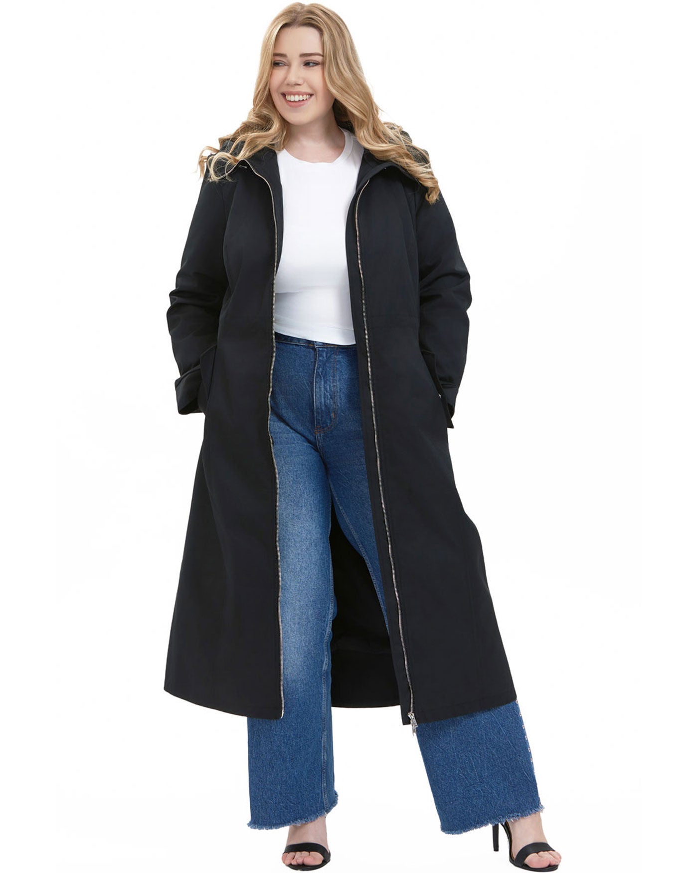 Hooded Zip-Out Lined Long Raincoat, Black, alternate image number 2