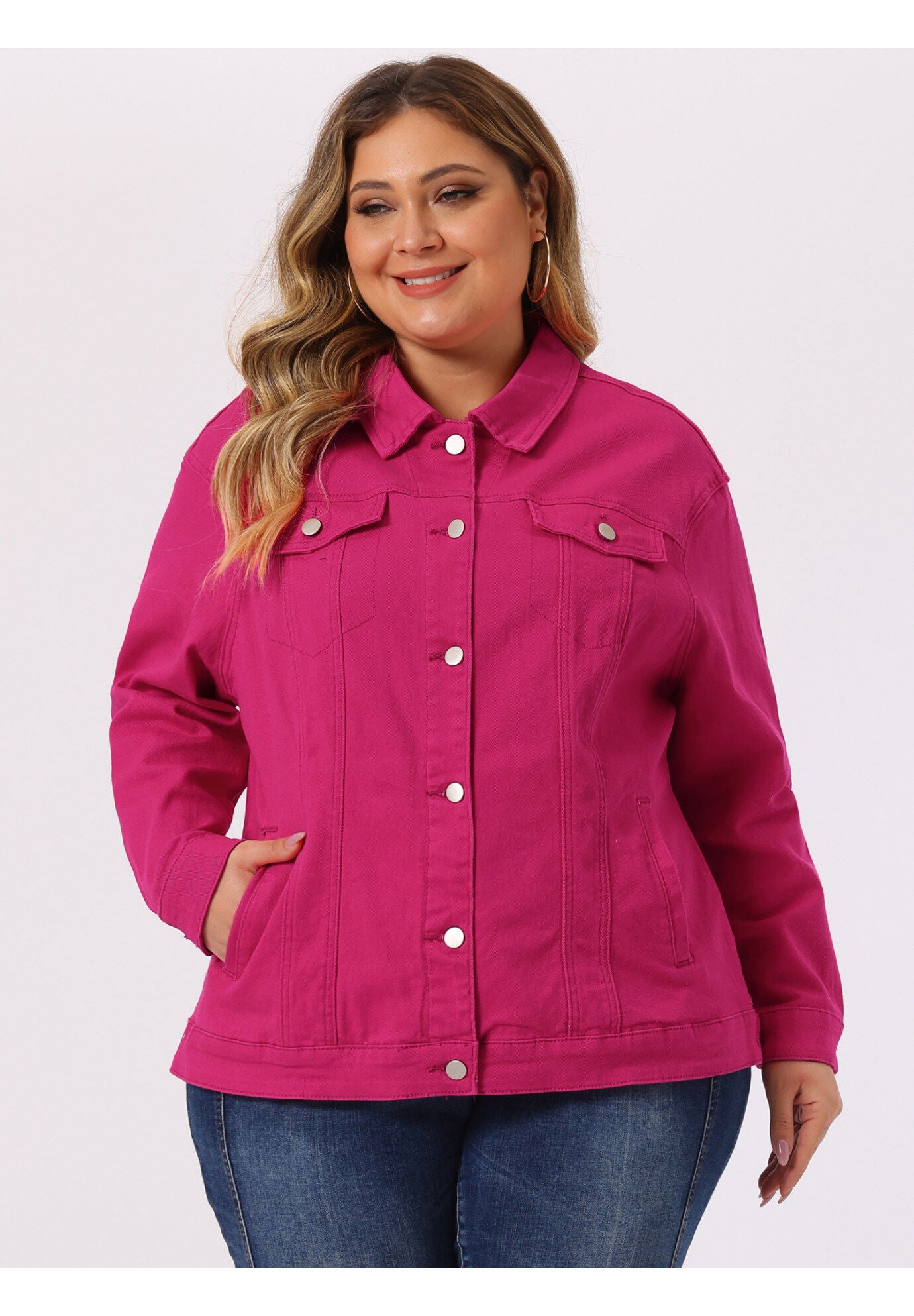 STITCHING BUTTON FRONT WASHED DENIM JACKET, Hot Pink / Deep Fuchsia, alternate image number 4