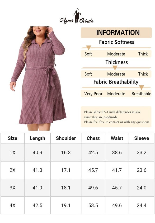 Ribbed Sweater Half Zip Front Tie Waist Knit Midi Dress with Belt, Purple / Purple, alternate image number 4