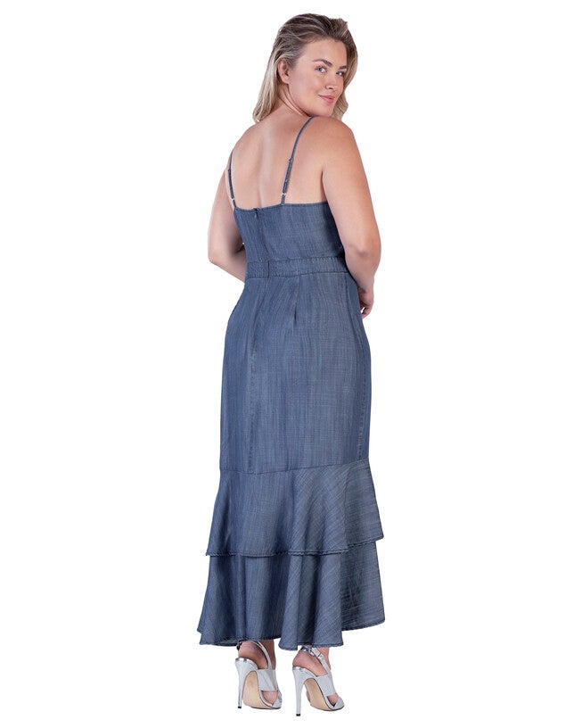 Strom Womens Plus Size Tencel High-Low Ruffle Hem Maxi Dress, INDIGORINSE / Navy, alternate image number 2