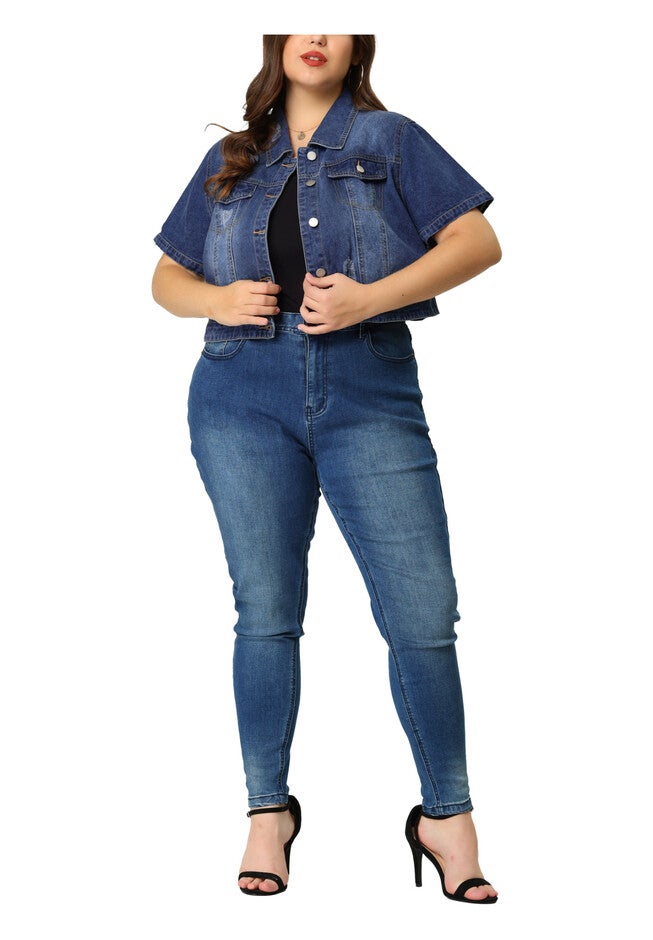 SHORT SLEEVE BUTTON DOWN CROPPED DENIM JACKET, Blue / Royal Blue, alternate image number 1
