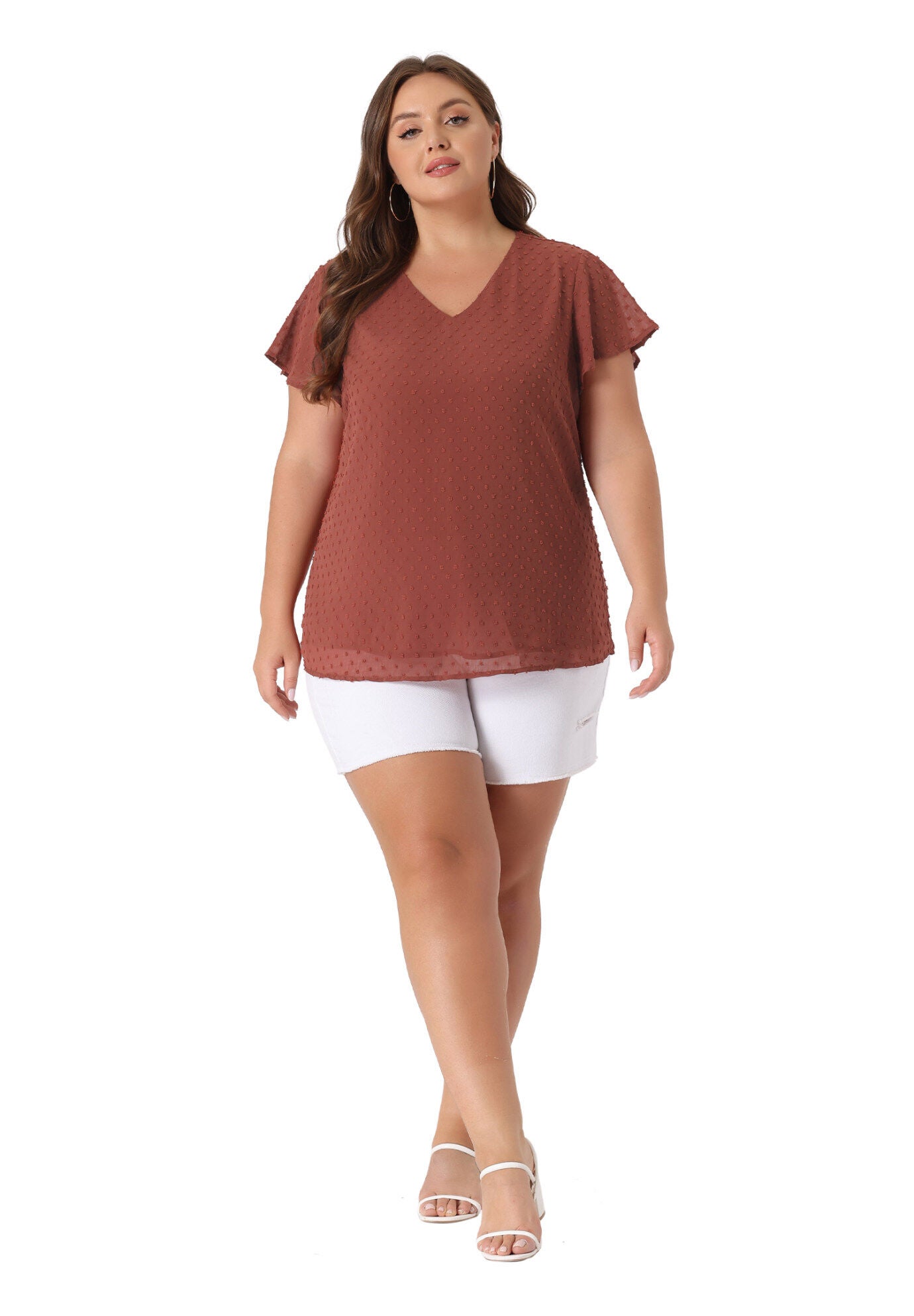 Swiss Dots Blouse V Neck Summer Short Sleeve Casual Top, Caramel / Brown, hi-res image number 0