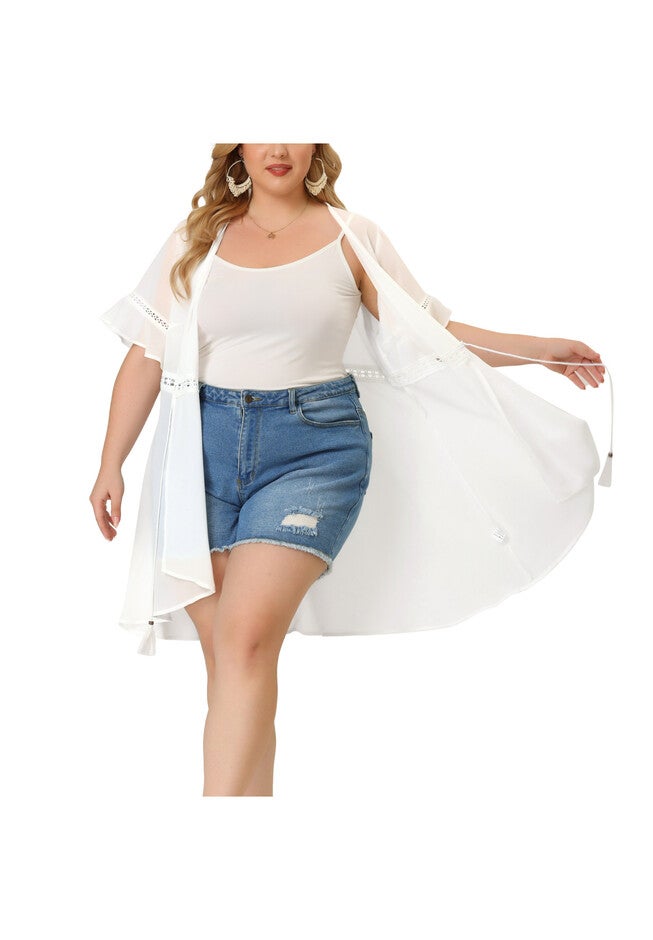 BIKINI COVER UP SHORT SLEEVE TASSEL TIE WAIST KIMONO, White / White, alternate image number 2