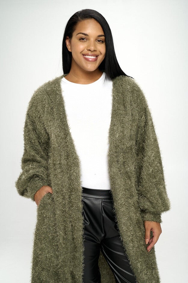 FEATHER BISHOP SLEEVE POCKET CARDIGAN, , alternate image number null