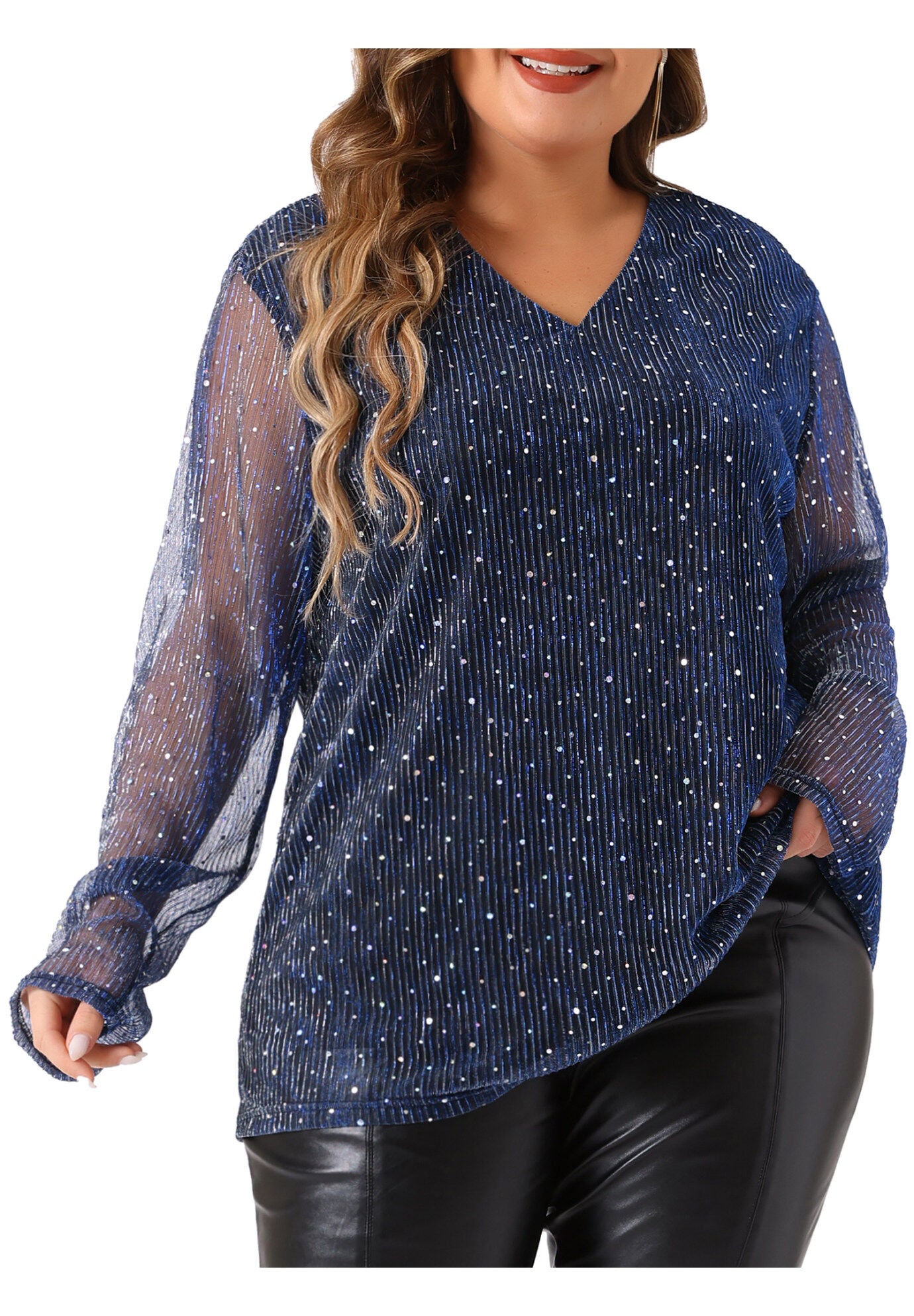 LONG SLEEVE GLITTER SPARKLE TOP, Blue / Navy, alternate image number 1