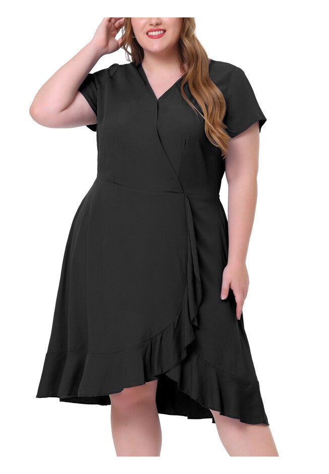 Chambray Faux Wrap V Neck Casual Ruffle Dress, Black / Black, alternate image number 1