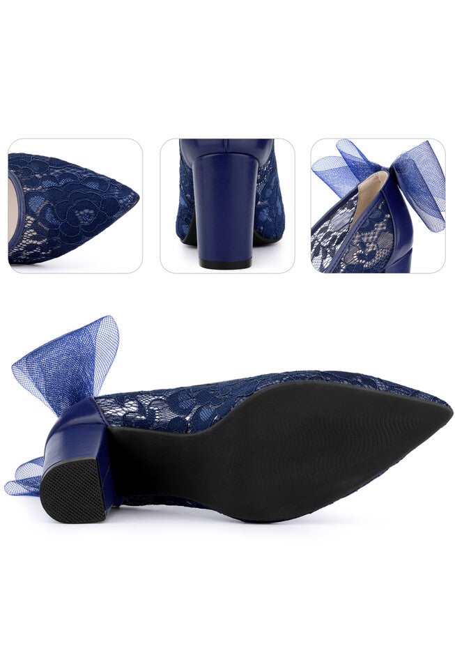 Pointed Toe Bow Bridal Block Heel Lace Pumps, Dark Blue / Azure Blue, alternate image number 1