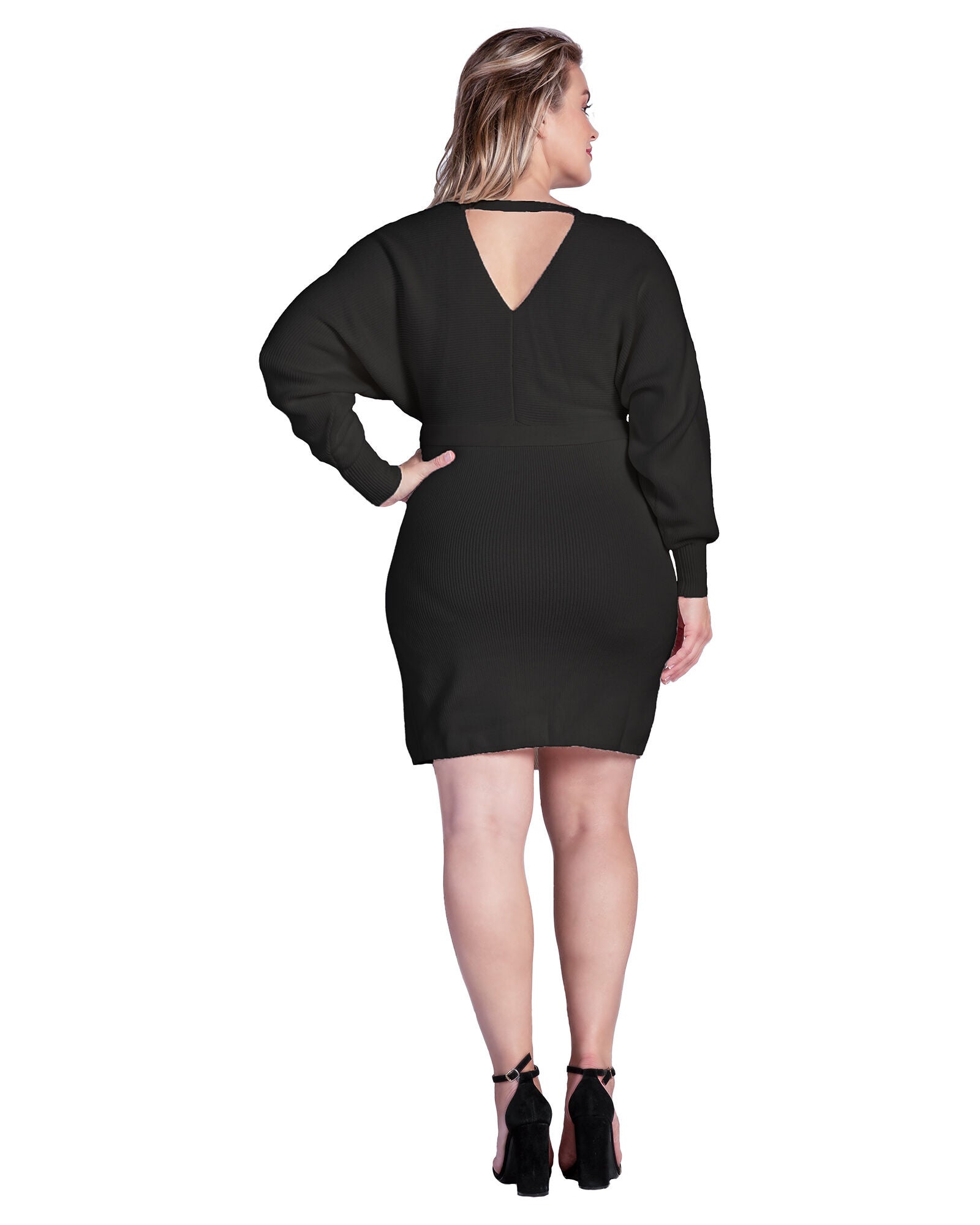 Women&#39;s Plus Size V-Back Full Sleeve Sweater Knit Mini Dress, Black / Black, alternate image number 3